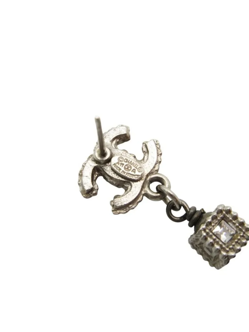 Chanel Earrings CC Logo Rhinestone Square Box Silver